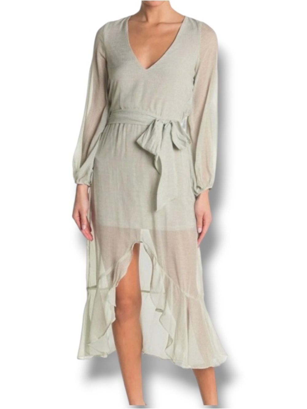 NSR Women’s Chiffon Morgan Midi Flutter Dress Long Sleeve Tie Waist Sea Green